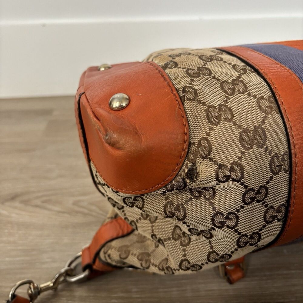 GUCCI Purse Monogram Vintage Web Small Boston Orange Blue Shoulder Bag Rare - Picture 12 of 16